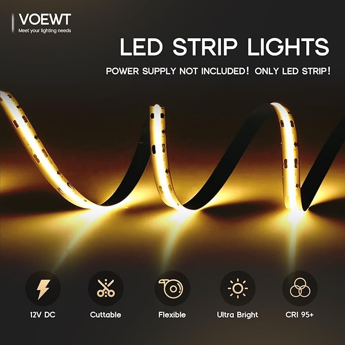 COB LED Strip Lights Neutral White 4000K,16.4ft 12V High CRI 95Ra+ Super Bright,Flexible Tape Lights for Bedroom,Mirror,Kitchen Cabinet, Living Room(Power Supply Not Included)