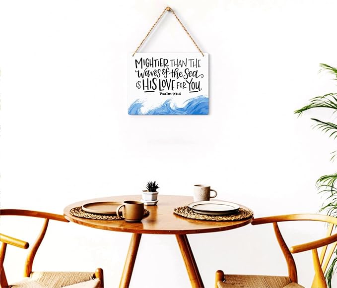 Inspirational Nautical Decor Mightier Than The Waves of The Sea Psalm 93:4 Scripture Wooden Hanging Sign Christian Gift for Baby Kids Girl Boy Nursery Teen Room Bible Verse Wall Art 10 x 8 Inches