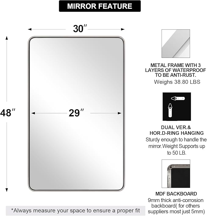 ANDY STAR 48”X30” Chrome Bathroom Mirrors, Polished Chrome Vanity Mirror, Rounded Rectangle Mirror for Wall, SUS304 Anti-Rust Tube Metal Frame, Wall Mounted Horizontal/Vertical 1’’ Deep