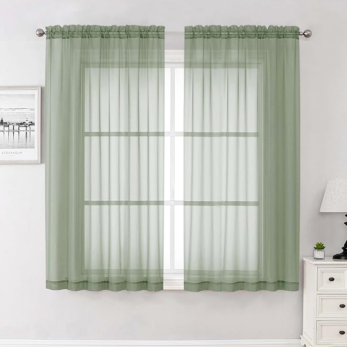 Sage Green Sheer Curtains 63 Inch Length 2 Pcs, Dual Rod Pockets Light by Lecloud