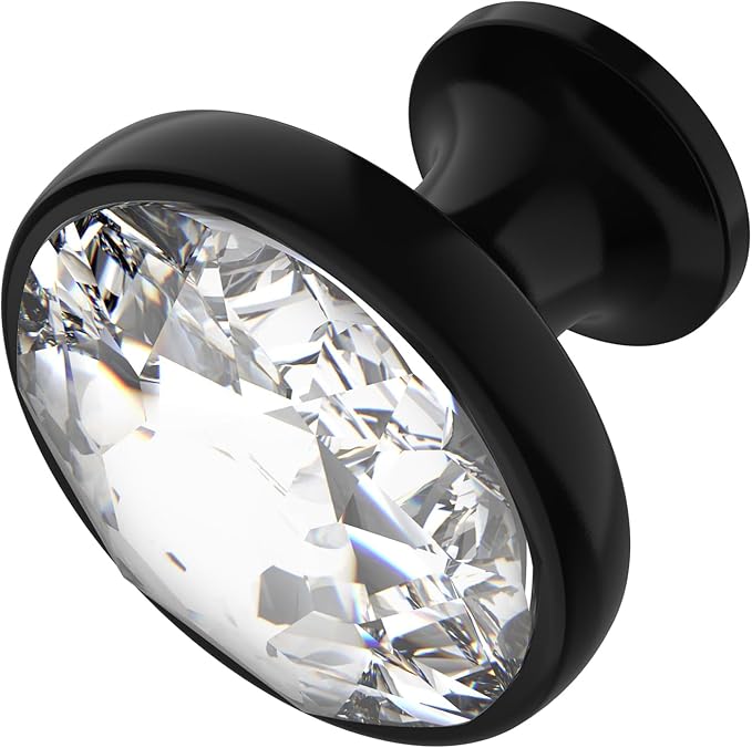 Alzassbg 10 Pack Clear Crystal with Matt Black Base Cabinet Knobs, 1-3/8 Inch (35mm) Diameter Cabinet Hardware Round Crystal Knobs for Drawers AL1011