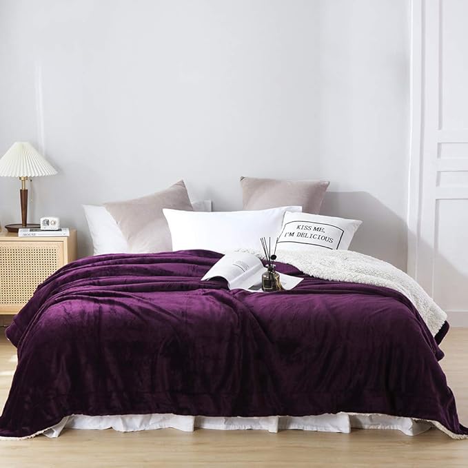 NANPIPER Bed Blanket Reversible Sherpa Flannel Blanket Super Soft Fuzzy Lightweight Fleece Microfiber (90"x90" Purple) Queen