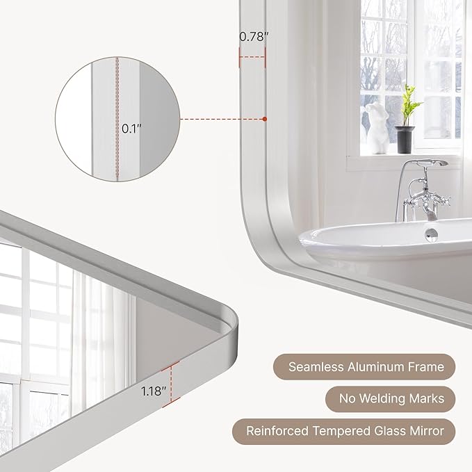32x24"Bathroom Vanity Mirror for Wall, Aluminum Framed, Farmhouse Rectangle, Anti-Rust, HD Reflection Anti-Desilvering, Distortion Free, Tempered and Shatter-Proof Wall Mounted Mirror, Silver