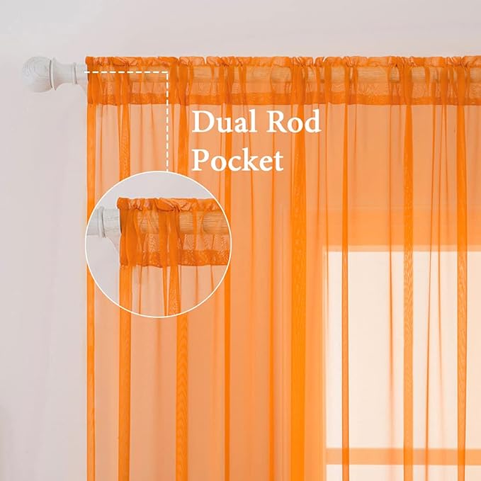 MIULEE Orange Fall Sheer Curtains 54 X 84 Inches, 2 Panels | Solid Color - Image 2