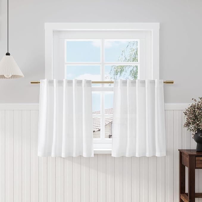Kitchen Linen Curtains 30 Inch Length White Semi Sheer Light Filtering Curtains by Nanspring