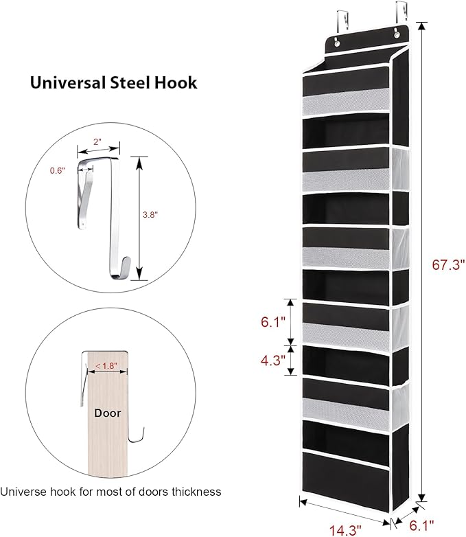 Univivi Door Hanging Organizer Nursery Closet Cabinet Baby Storage with 6 Large Compartments and 8 Side Pockets for Cosmetics, Toys and Sundries (Black)
