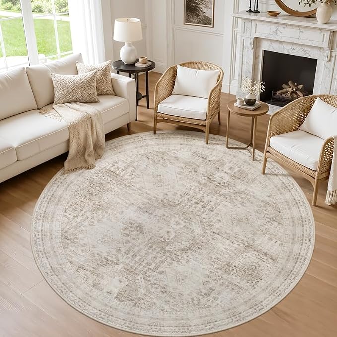 Round Area Rug Living Room: 6ft Neutral Washable Carpet Rug Brown | Vintage by Luxturiy