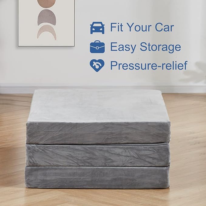 SINWEEK 4" Queen Folding Mattress with Storage Bag - Foldable Trifold Floor Bed Topper, CertiPUR-US Certified Guest Sleeping Pad, Machine Washable Cover & Waterproof Inner Lining