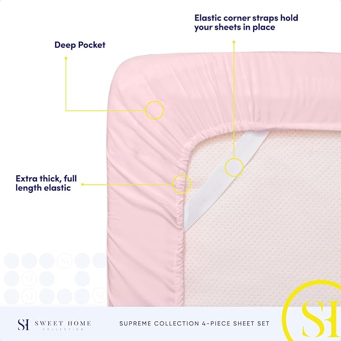RV Queen Bed Sheets - Breathable Luxury Sheets with Full Elastic & Secure Corner Straps Built In - 1800 Supreme Collection Extra Soft Deep Pocket Bedding Set, Sheet Set, RV Short Queen, Pale Pink