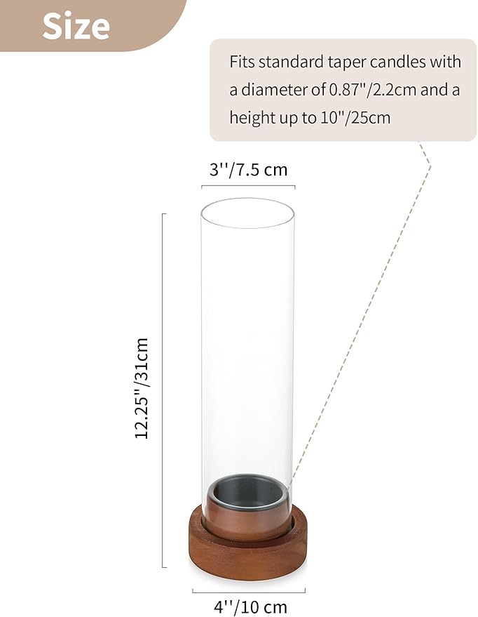 NUPTIO Dripless Taper Candle Holders with Wax Catchers: Set of 2 Hurricane Glass Candlestick Holders with Metal Bobeches for Easier Reuse - Brown Wood Modern Table Centerpiece for Outdoor Dinner