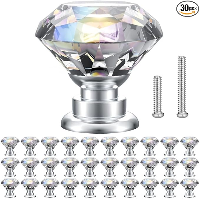 POZEAN Crystal Cabinet Knobs 30Pack, 1.18inch Dresser Knobs for Cabinet, Drawer with Two Different Sizes Screws, Diamond Glass Pulls Handles (30mm, 30Pack, Clear-Silver)