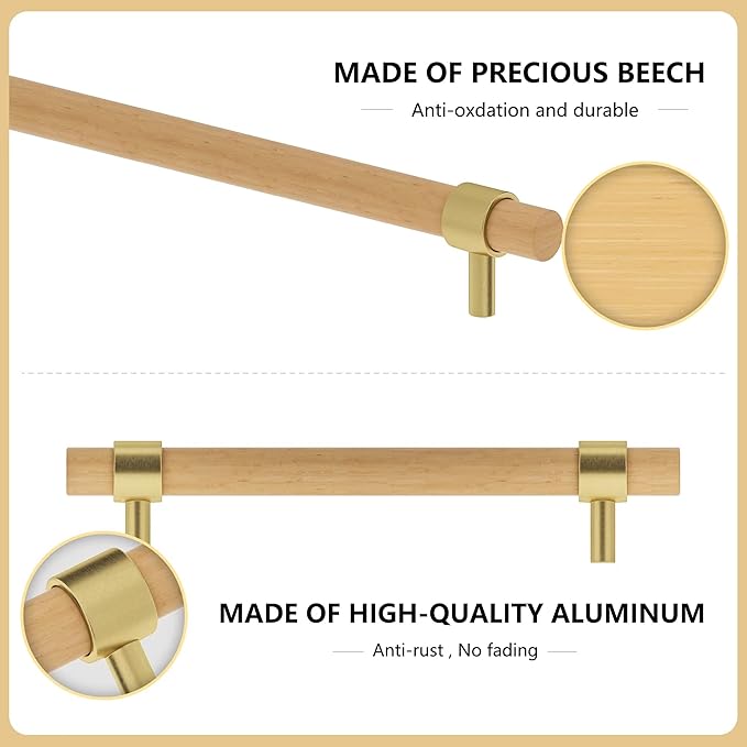Wooden Drawer Pulls,4-Pack Beech Wood Drawer Handles 9in,Suitable for Kitchen, Living Room, Bedroom, Bathroom and Other Scenes,Gold