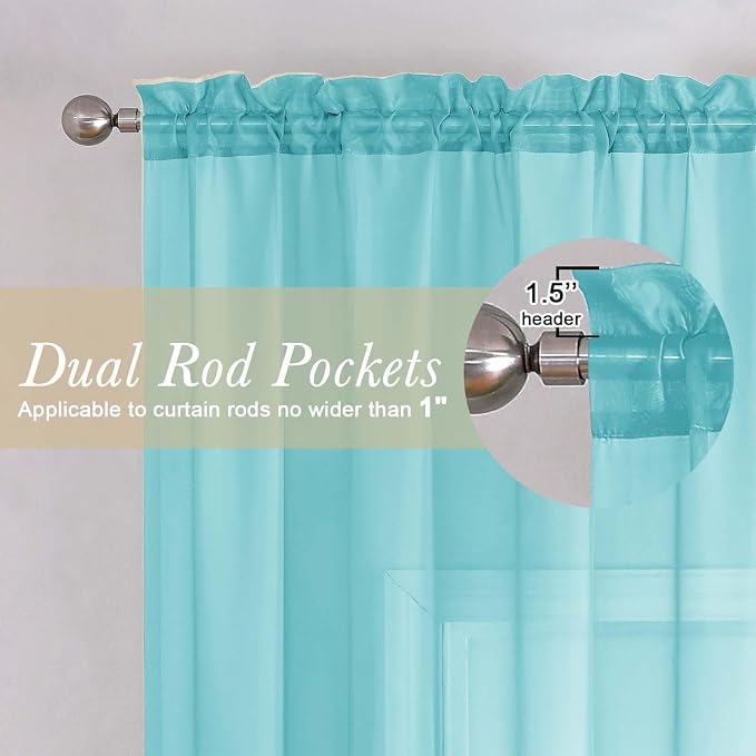 Aqua Sheer Curtains for Living Room 78 Inches Long 2 Pcs, Dual Rod Pockets - Image 5