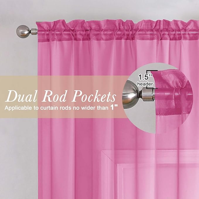Hot Pink Sheer Curtains 63 Inch Length 2 Pcs, Solid Voile Long Light Filtering - Image 5