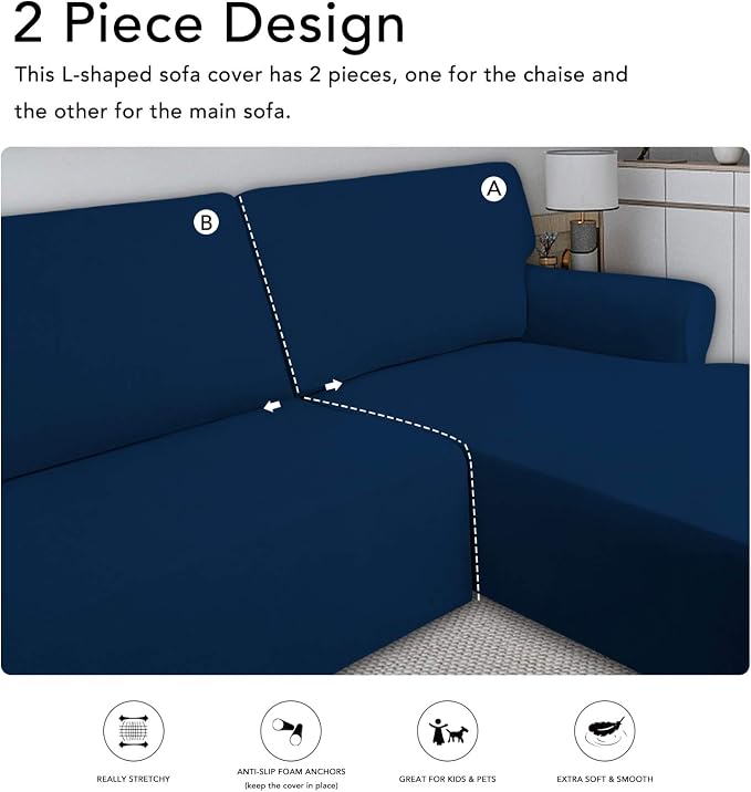 PureFit Stretch Sectional Couch Covers 2 pcs Non Slip L Shape Sofa Cover | - Image 5