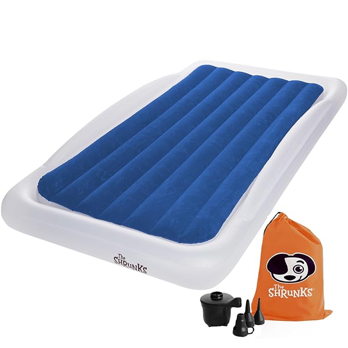 The Shrunks Twin Air Mattress Travel Bed for Kids and Adults with Pump Portable Inflatable Mattress Blow Up Air Bed for Travel, Camping or Sleepovers 78" x 43" - Blue