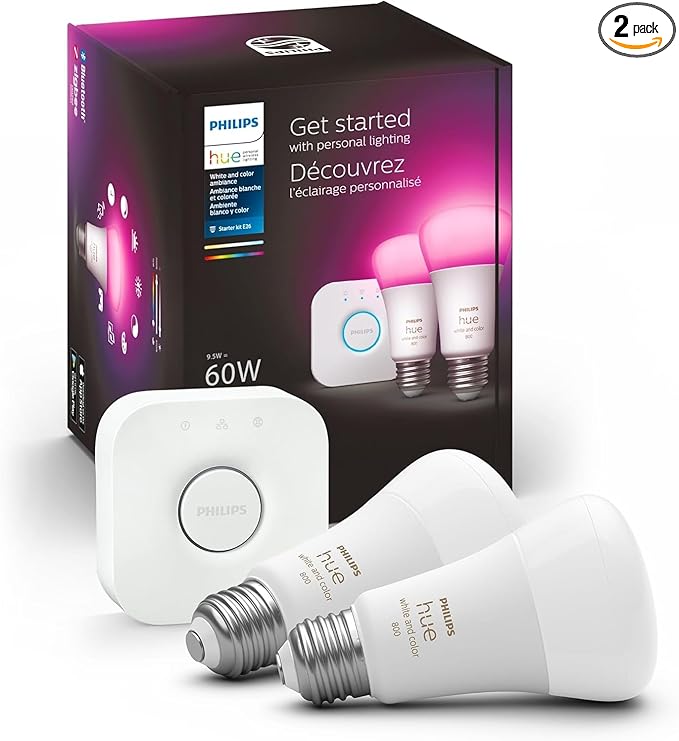 Philips Hue Smart Light Bulbs Starter Kit, Includes (1) Bridge, (2) 60W A19 Bulbs, White and Color Ambiance LED Color Changing Lights, 800LM, E26, Control with App or Voice Assistant