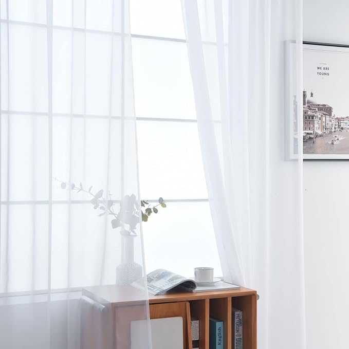 SpaceDresser Sheer White Curtains 4 Panels Rod Pocket Semi-Sheer Curtain 90 - Image 4