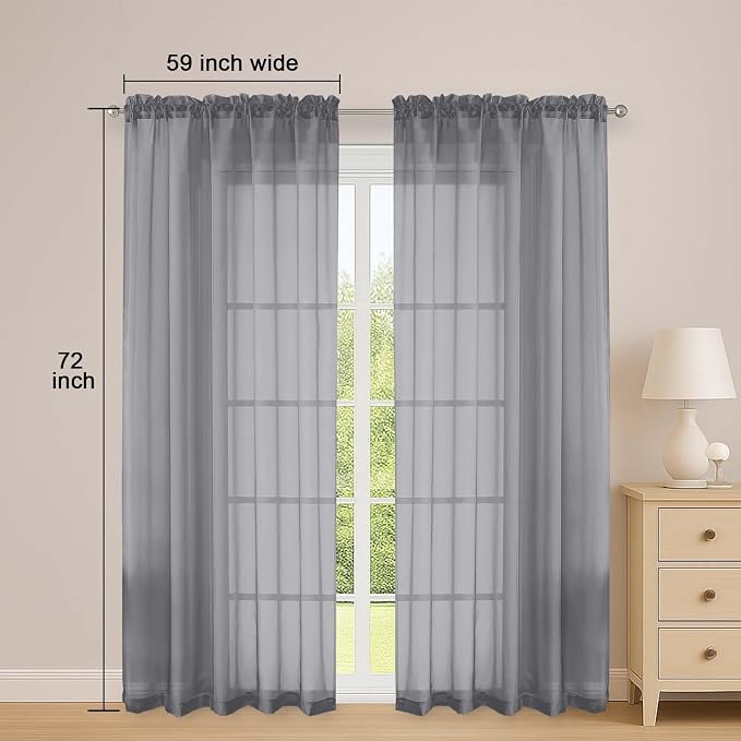 Grey Sheer Curtains 72 Inches Long 2 Panels Set, Transparent Voile Sheer Curtain - Image 2