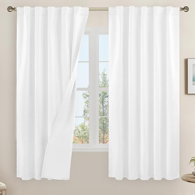 White 100% Blackout Linen Bedroom Curtains 63 Inches 2 Panels | Linen Textured by LAMIT