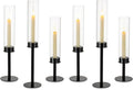 NUPTIO Hurricane Glass Candle Holders: 6 Pcs Black Metal Candlestick Tapered Holder with Clear Chimney Covers Bottomless Tall Modern Taper Candles Stick Cylinder Stand for Halloween Fireplace Decor