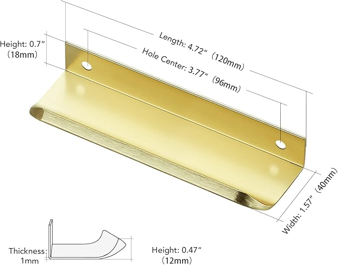 Ravinte Hardware 12 Pack Gold Cabinet Handles, 4.75 Inch (120mm) Finger Edge Pulls, 3.75 Inch Hole Center, Finger Pulls for Cabinets