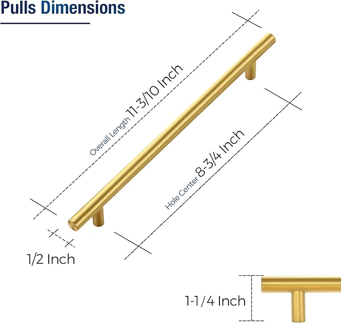 JOY DECOR 3 Pack Cabinet Handles, Gold Cabinet Pulls, 8-3/4 in Hole Center Kitchen Cabinet Handles, Stainless Steel T Bar Handles for Dresser Drawers