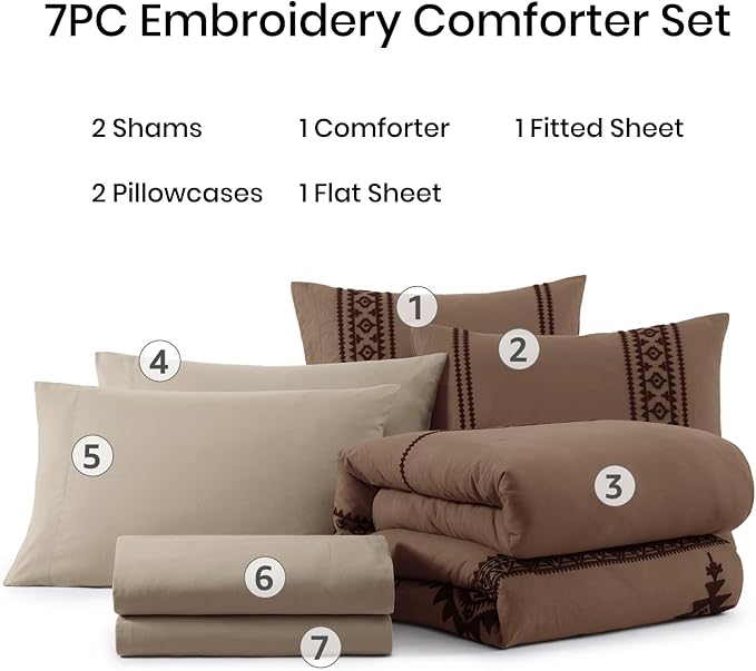 MaiRêve Embroidery Queen Size Comforter Set Brown, Boho Farmhouse Western Bedding Set 7 Pieces, All Season Bed in A Bag Comforter Set with Sheets, Pillowcases & Shams