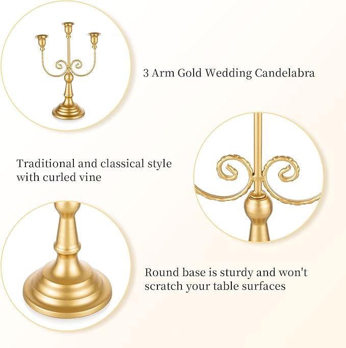 Romadedi Candelabra Gold Candle Holders - 3 Arm 11.8" Wedding Candlestick Holder for Theme Party Table Centerpiece Decor Dining Room Birthday Holiday Christmas, Set of 6