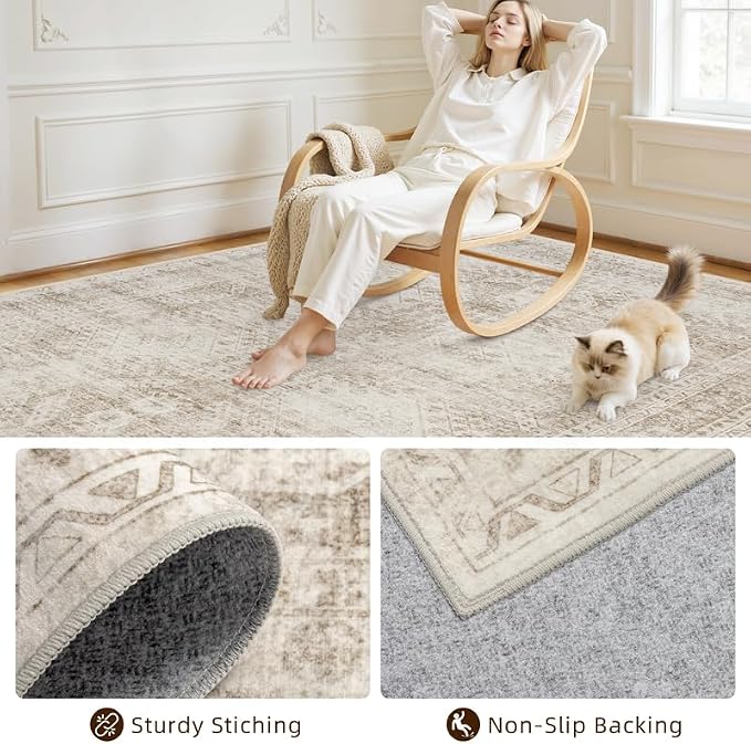 10x14 Area Rugs Living Room: Bedroom Neutral Washable Carpet Brown | Vintage - Image 4