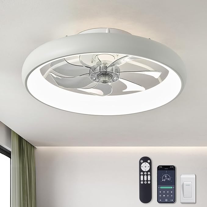Ceiling Fans with Lights and Remote, 20'' Low Profile Flush Mount, 6 Wind Speeds, Modern Dimmable LED Ceiling Fan, Smart Ceiling Fan for Bedroom, Kids Room (White)