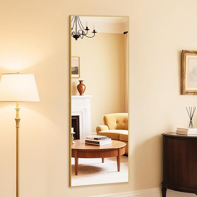 DUMOS Wall-Mounted Full Length Mirror 21"x 65" for Bedroom, Full Body Floor Mirror with Stand, Hanging or Leaning for Wall, Gold