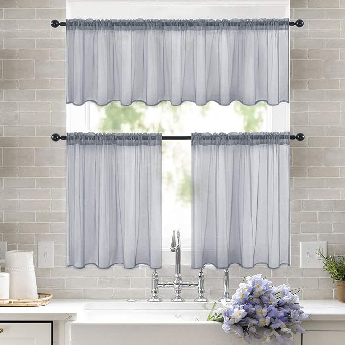 MIULEE 2 Panels Tiers Half Window Sheer Curtains 29 X 36 Inch Dark Grey | Rod - Image 8