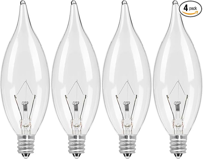 4-Pack E12 Candle Light Bulbs 40W Warm White 2500K, 380 Lumen Dimmable Chandelier Light Bulbs for Ceiling Fan, Pendants or Outdoor, CA10 Clear Candelabra Base Bulbs