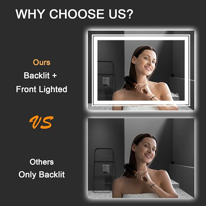 LED Bathroom Mirror, 72"X32" with Front and Backlit, Anti-Fog, Large Bathroom Vanity Mirror for Wall, Memory Function, Stepless Dimmable, Tempered Glass (Horizontal/Vertical)