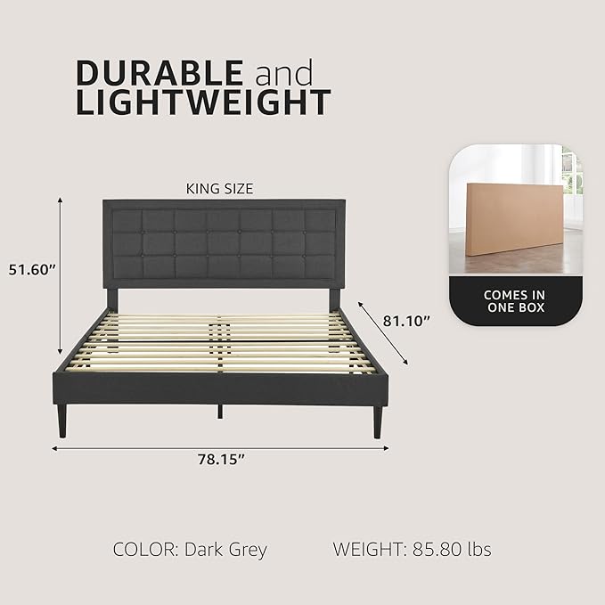 Decoro Mornington Upholstered 2.0 Platform Bed, Button-Tufted Fabric Headboard and Metal Frame with Wood Slat Support, Dark Grey, King
