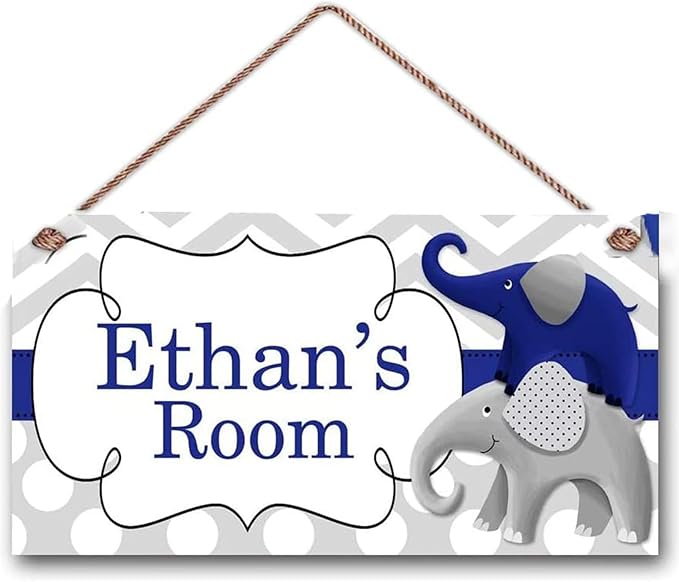 Personalized Cute Elephant Signs - Funny Cartoon Wall Decor for Kids Room, Girls Living Room, Boys Bedroom & Little Man Cave - Custom Name Wooden Sign