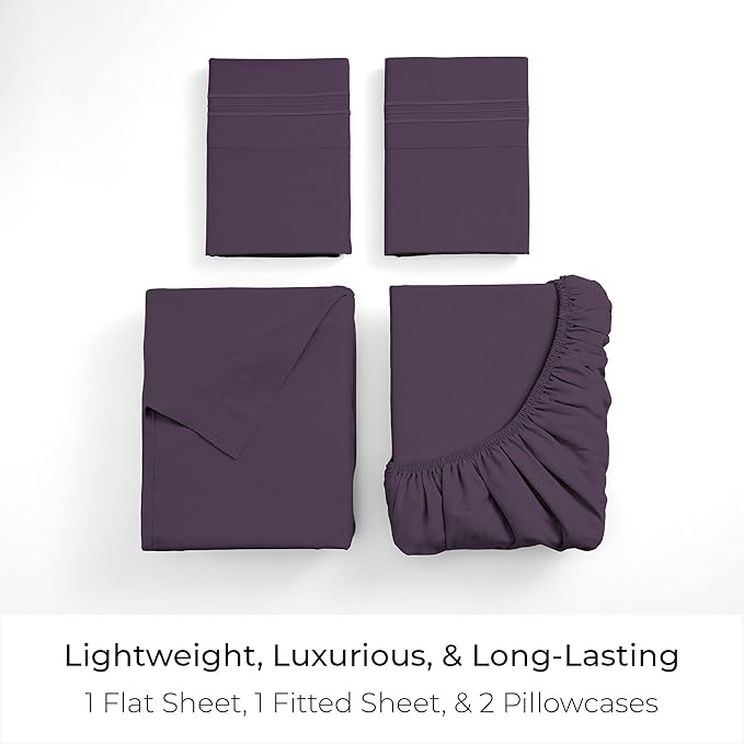 Mellanni Queen Sheets Set - 4 PC Iconic Collection Bedding - Hotel Luxury, Extra Soft, Cooling Bed Sheets - Wrinkle, Fade, Stain Resistant (Queen, Purple)