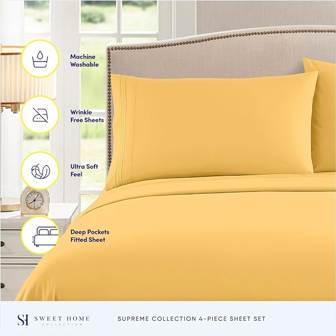 Split King Sheets - Breathable Luxury Sheets with Full Elastic & Secure Corner Straps Built In - 1800 Supreme Collection Extra Soft Deep Pocket Bedding Set, Sheet Set, Split King Size, Yellow