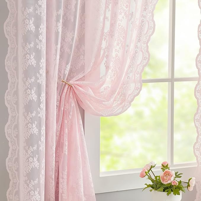 YJ YANJUN Vintage Lace Curtains Short Pink Floral Curtains 54 inch Length 2 - Image 2