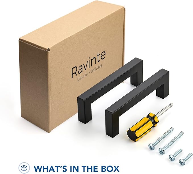 Ravinte 10 Pack Black Cabinet Pulls 4 Inch Square Cabinet Handles Matte Black Kitchen Hardware for Cabinet Square Drawer Pulls