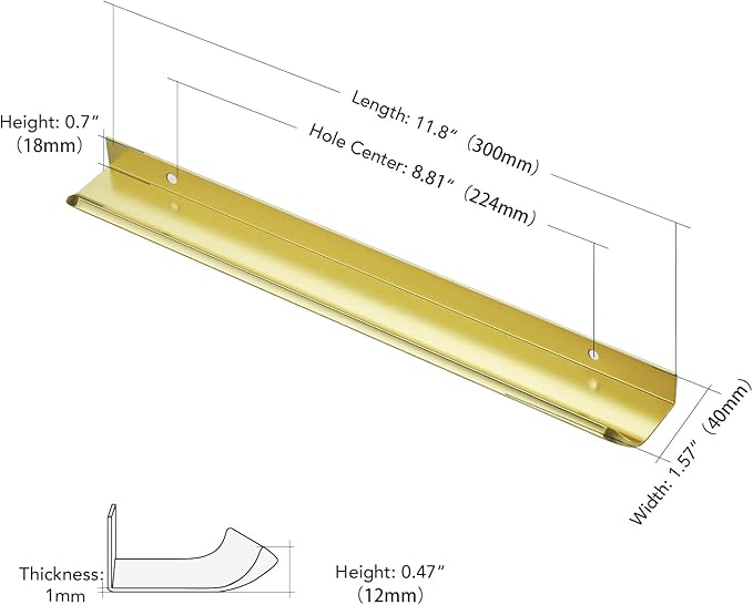 Ravinte Hardware 12 Pack Gold Cabinet Handles, 11.8 Inch (300mm) Finger Edge Pulls, 8.8 Inch Hole Center, Finger Pulls for Cabinets