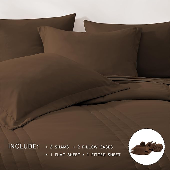 Monbix Queen Comforter Set - 7 Pieces Chocolate Brown Bed in a Bag Queen Bedding Sets with Comforters, All Seasons Down Alternative Comforter Bed Set with Sheets, Pillowcases & Shams