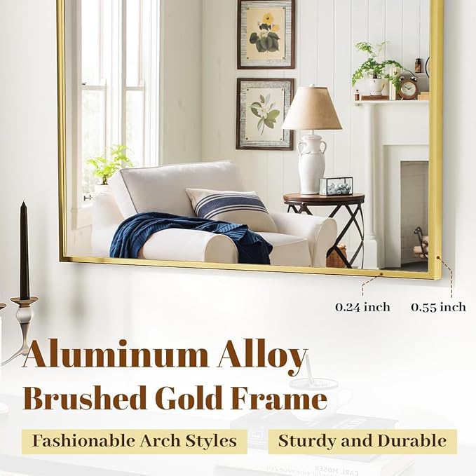 VooBang Arched Wall Mirror, 32 x 48 inch Arch Bathroom Mirror, Wall Mounted Vanity Mirror with Arch Metal Frame, Modern Bathroom Vanity Mirror for Bedroom, Living Room, Hanging or Leaning, Gold