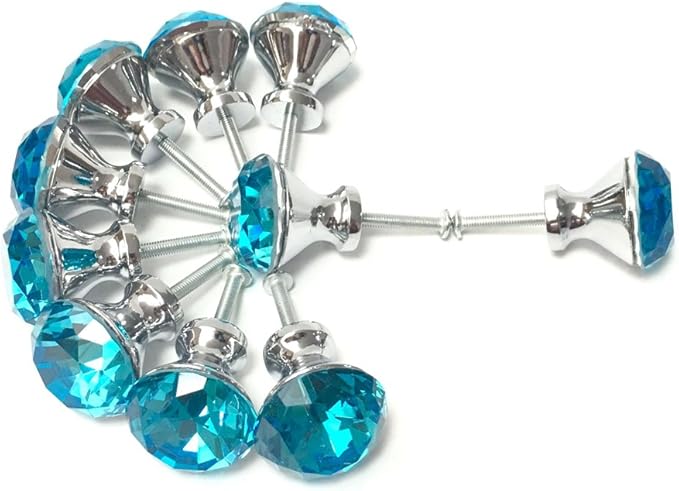 10 Pcs 30mm Silver Plated Base Diamond Shape Crystal Glass Cabinet Knob Drawer Knob Pull Handle Used for Kitchen, Dresser, Door, Cupboard (Azure)