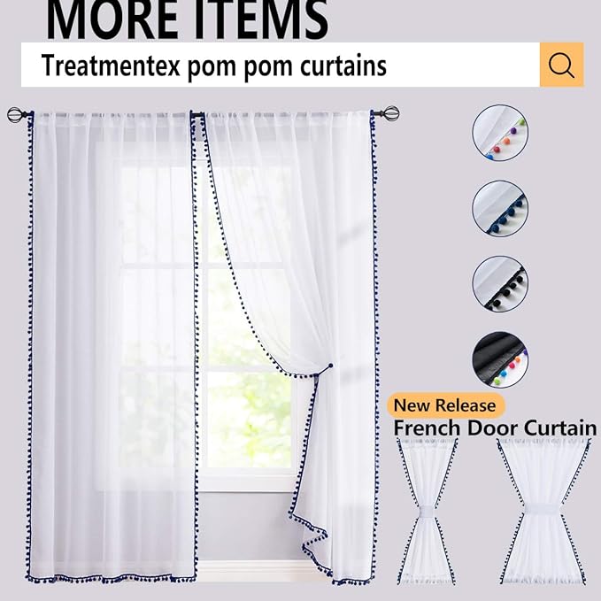 Treatmentex Snow White Sheer Curtains 95" Bedroom Decorative Pompom Trimmed Voile Window Curtain for Living Room Linen Look 2 Panels