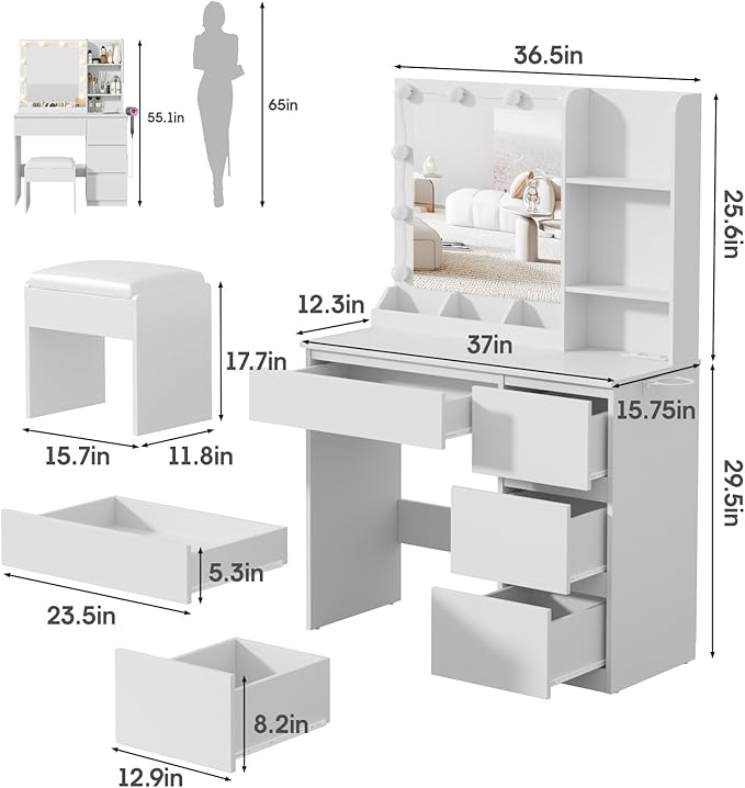 Vabches Vanity, Makeup Vanity Desk Set with Mirror & Light, Dressing Table Storage Lots with Power Strip, 3 Lighting Modes with Adjustable Brightness, 37 Inches (White) (White with Stool)