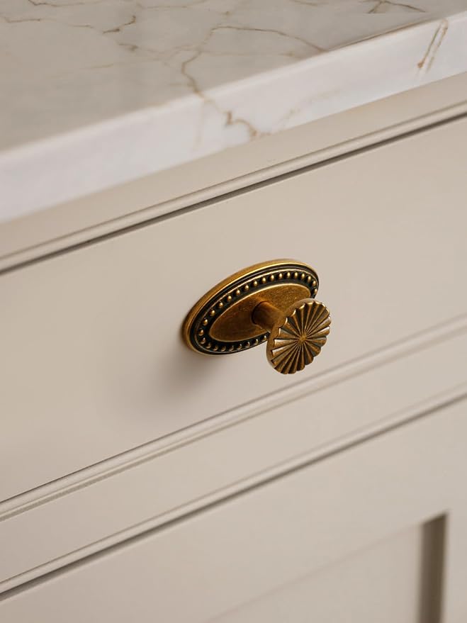 5 Pack Antique Brass Cabinet Knobs with Base Vintage Flat Drawer Pulls Kitchen Cupboard Bathroom Dresser Cabinet Hardware Handles Zinc Alloy