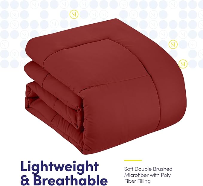 Sweet Home Collection 7 Piece Comforter Set Bag Solid Color All Season Soft Down Alternative Blanket & Luxurious Microfiber Bed Sheets, Red, Twin XL