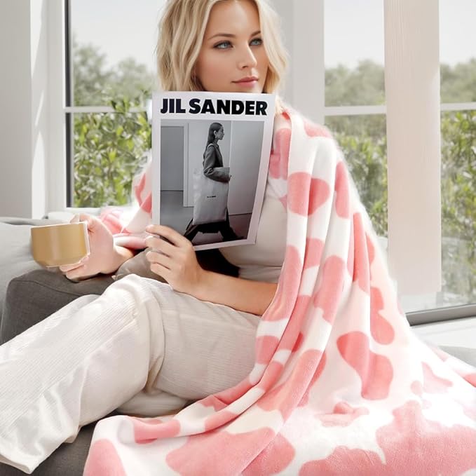 Fleece Cow Print Blanket for All Season - Premium Lightweight Anti-Static Pink and Ivory Throws Travel Blankets Plush Gift for Daughter Mom, Bedroom Decor 51" x 60"(Pink Cow)